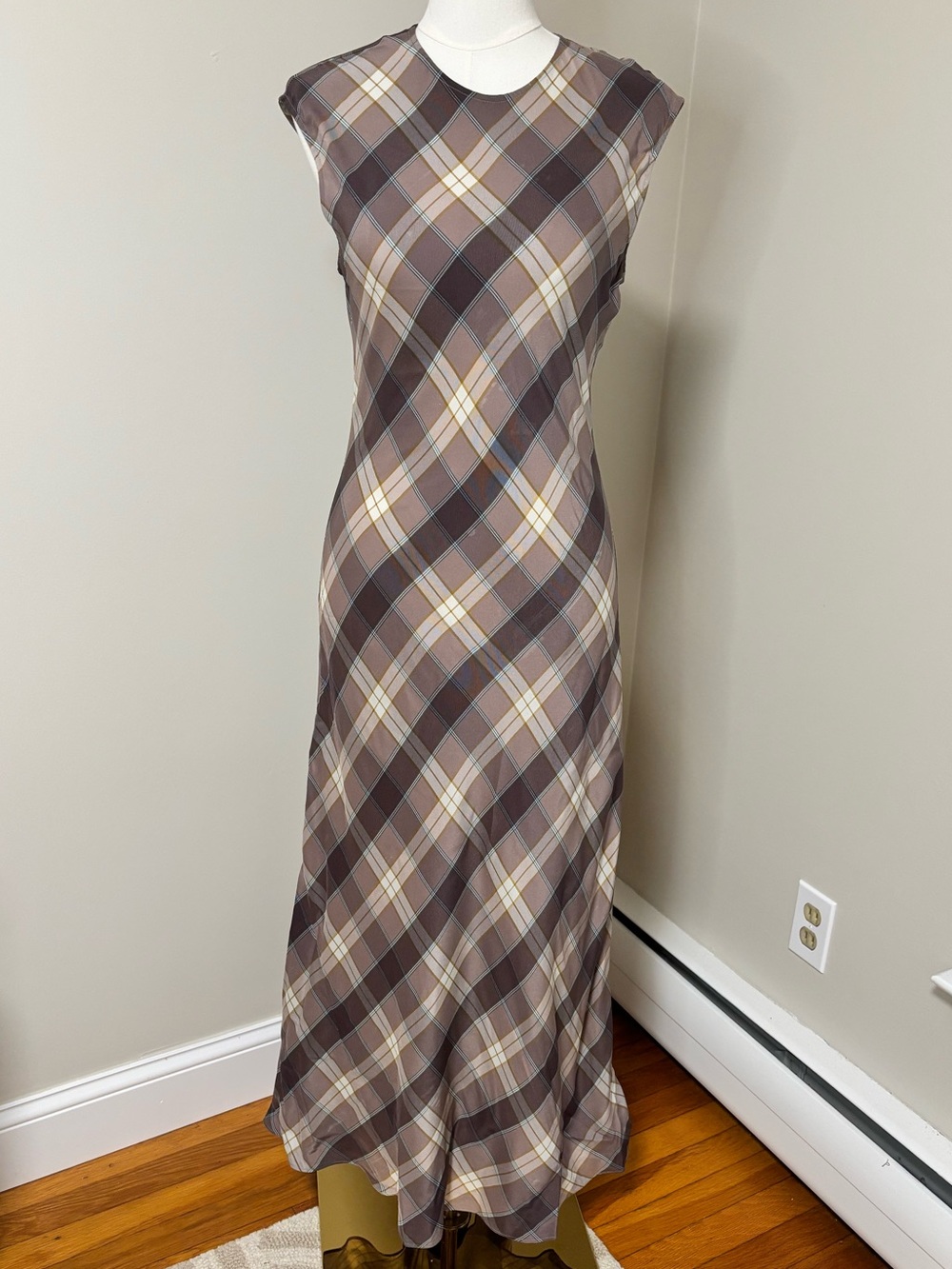 Argent Brown Cream Plaid Sleeveless Maxi Dress S